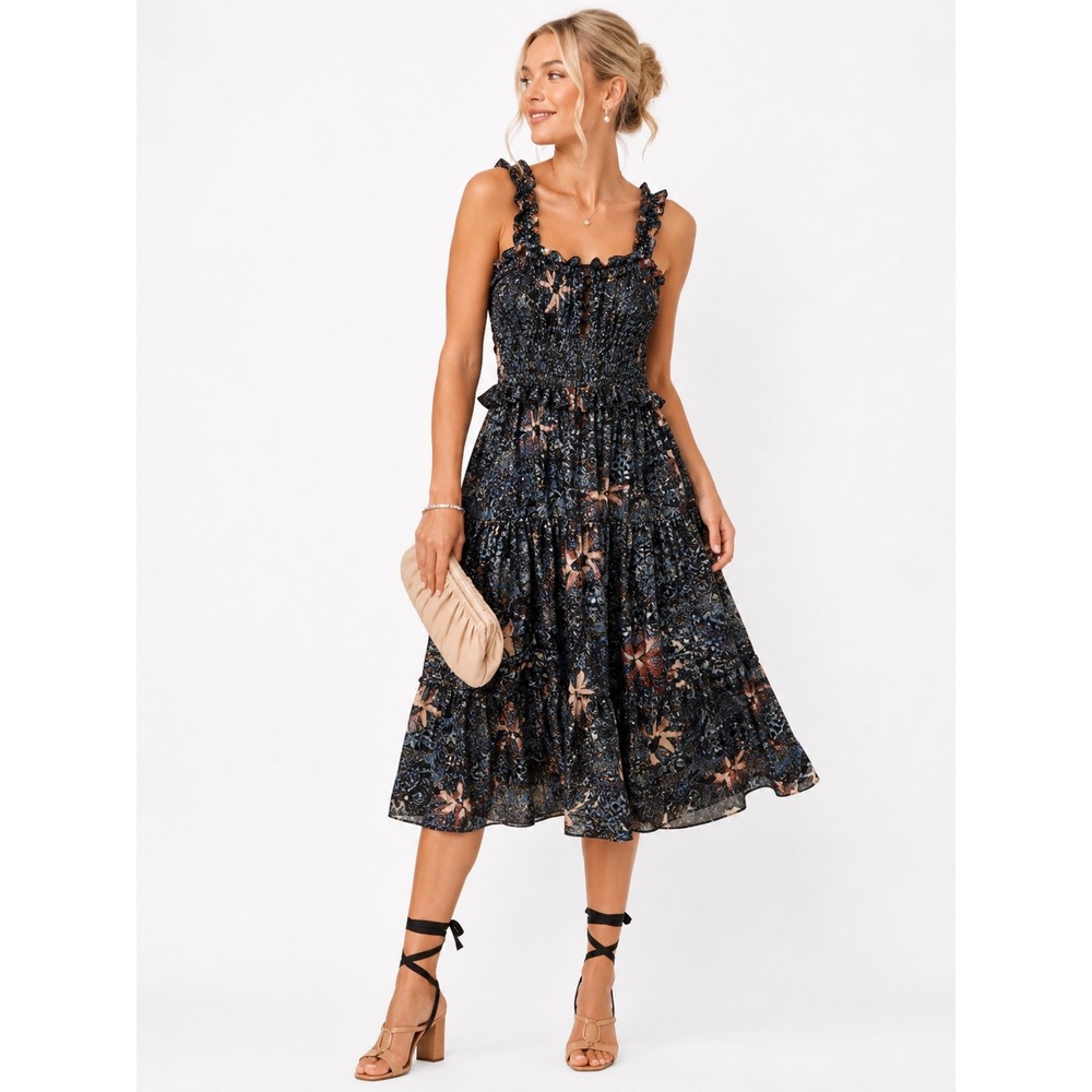 Ulla‎ Johnson Anissa Midi Dress Small Floral Smocked Tiered Ruffle Navy Rust